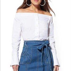 White Off The Shoulder Button up Blouse